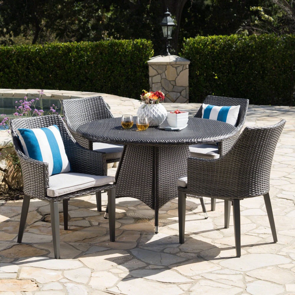 Photos - Garden Furniture Hillhurst 5pc Wicker Round Dining Set Gray - Christopher Knight Home