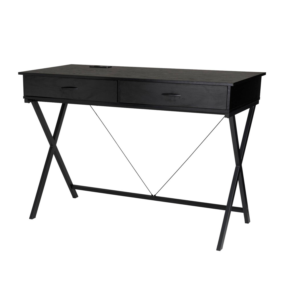 Modern Industry Metal/Wooden Writing Desk with 1 Outlet and 2 USB Charging Ports Black - Glitzhome