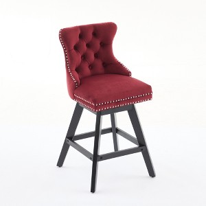 Gulches Wine Red Velvet Button Tufted Swivel Barstool Set of 2 Chrome Nailhead Rubber Wood Legs 360 Degree Curved Back 300 lb Counter Height - 1 of 4