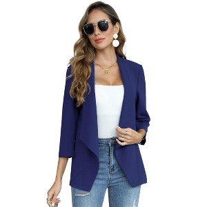 Women's Collarless Blazer 3/4 Sleeve Split Back Jacket Buttonless Office Casual Coat - 1 of 4