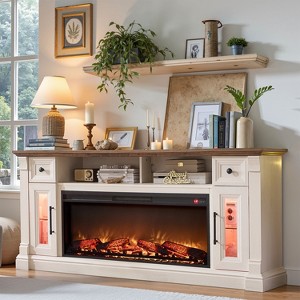 SinCiDo Farmhouse Fireplace TV Stand for 80 Inch TV, Electric Fireplace Entertainment Center w/ LED lights & Glass Door Cabinets & Drawers - 1 of 4