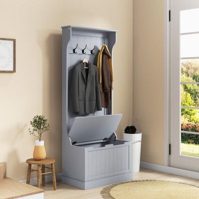 Gray Wooden Hall Tree with Storage Bench and Coat Rack