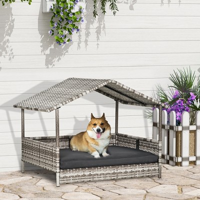 Medium Charcoal Gray Rattan Elevated Outdoor Dog Bed with Canopy
