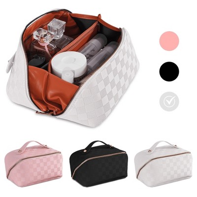 Travel Makeup Bag,Large Capacity Cosmetic Bags for Women,Waterproof Portable Pouch Open Flat Toiletry Bag, with Divider and Handle，White