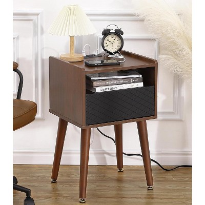 Homhougo Mid Century Modern Wood Nightstand Side Table with Charging Station and Drawer for Bedroom, Living Room, Walnut