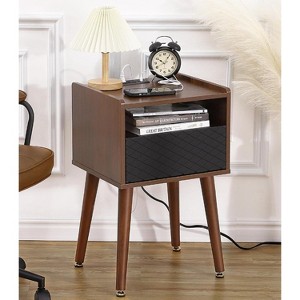 Homhougo Mid Century Modern Wood Nightstand Side Table with Charging Station and Drawer for Bedroom, Living Room, Walnut - 1 of 4