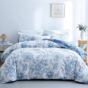 Floral Duvet Cover Queen Size, 3 Pieces, White and Blue, Breathable, Zipper Closure - 1 of 4