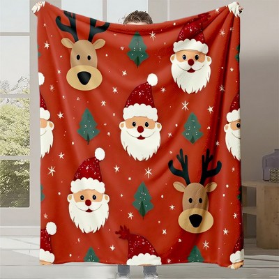 1pc Red Plush Flocked Christmas Blanket with Santa, Reindeer & Snowflakes, Soft Warm Bedspread, Couch Throw, Christmas Gift.