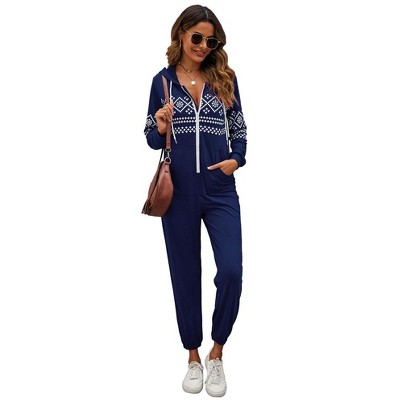 Womens Loose Fit Jumpsuit Nordic Print Hooded Jumpsuit wtih Front Zipper Elastic Ankle Jogger Jumpsuits