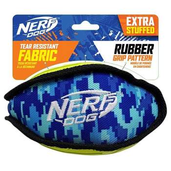 NERF 7" Tuff Rubber Camo Plush Football Polly Filled Dog Toy - Green/Blue