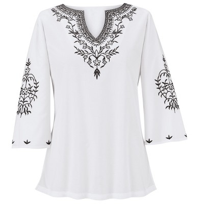 Collections Etc Tonal Embroidered Easy Fit V-Neck Long Length Tunic