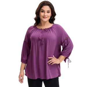 Women's Plus Size Tie Tassel V Neck Hollow Bowknot 3/4 Sleeve Adjustable Cuffs Casual Blouses - Agnes Orinda - 1 of 4
