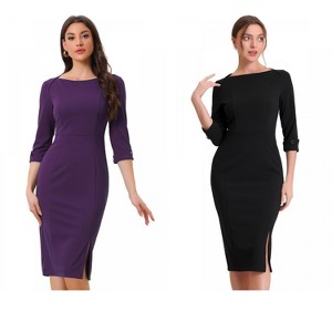 INSPIRE CHIC Women's Elegant Boat Neck 3/4 Sleeves Work Midi Split Sheath Dress 2 Packs - 1 of 4
