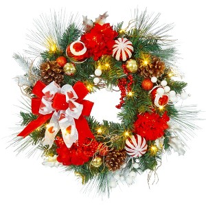 24" Christmas Wreath for Front Door, Prelit Christmas Wreath with Lights, Red Gold Ball Ornaments, Pine Cones &Bow for Fireplace Home Holiday Decor - 1 of 4