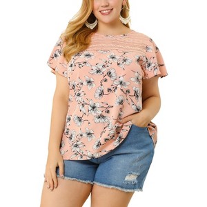 Agnes Orinda Women's Plus Size Floral Printed Lace Panel Keyhole Back Flare Sleeve Blouses - 1 of 4