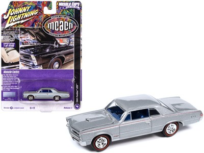 1965 Pontiac GTO Bluemist Slate Metallic with Red Stripes and Blue Interior "MCACN" 1/64 Diecast Model Car by Johnny Lightning