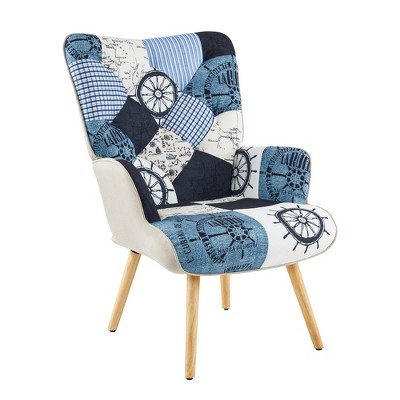 Beautyolove Blue Fabric Upholstered Accent Chair Wingback Armchair with Solid Wood Legs