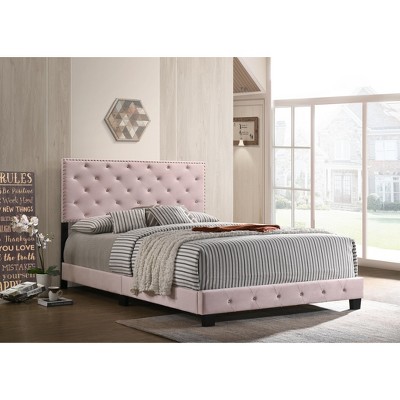 Suffolk Pink Velvet Upholstered Queen Panel Bed with Nailhead Trim
