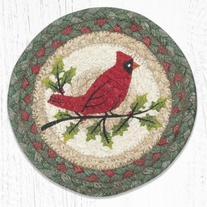Earth Rugs Holly Cardinal Round Braided Jute Coaster – 7"x7" Rustic Hand-Stenciled Holiday Drink Mat - 1 of 3