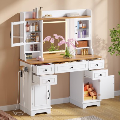 GustoWave Makeup Vanity Desk with Mirror and Lights, Vanity Table with 3 Storage Drawers,5 Drawers, 4 Doors, Dressing Table for Bedroom