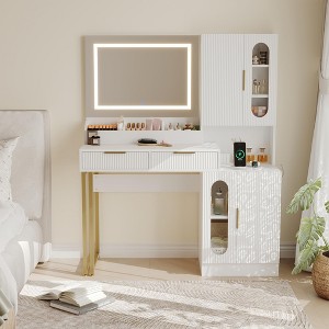 45" Makeup Vanity Desk with Mirror and Lights, Fluted Wooden Dressing Table with Charging Station, Modern Makeup Vanity Table for Bedroom - 1 of 4