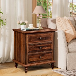 Angel Sar 3 Drawer Nightstand, Antique Bedside Table with Solid Wood Legs, Vintage Night Stand for Bedroom, Brown - 1 of 4