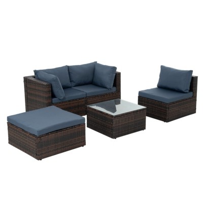 Maggift 5PCS Patio Seating Rattan Furniture Set Sectional Sofa Cushioned Garden, Tempered Glass Table, Blue, 28.94"*28.55"*24.8"