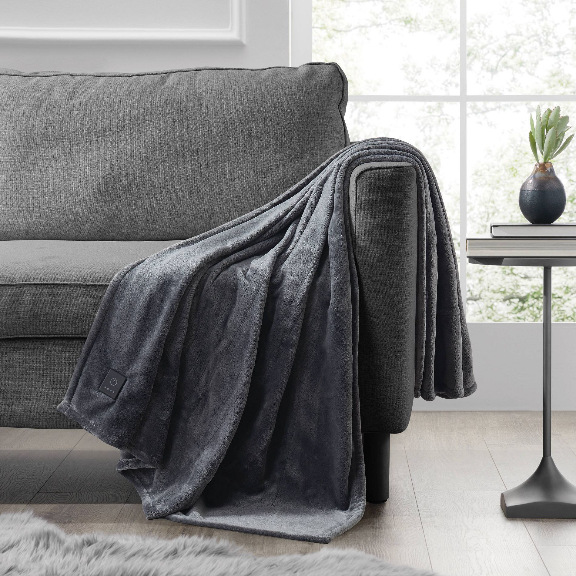 Brookstone Heated Solid Plush Throw Gray