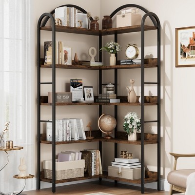 Arched Corner Bookshelf 68.5" Tall, Industrial Wood & Metal Bookcase for Home Office, 5-Tier Storage Shelf