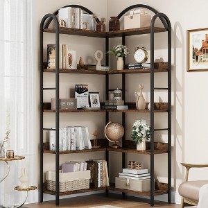 Arched Corner Bookshelf 68.5" Tall, Industrial Wood & Metal Bookcase for Home Office, 5-Tier Storage Shelf - 1 of 4