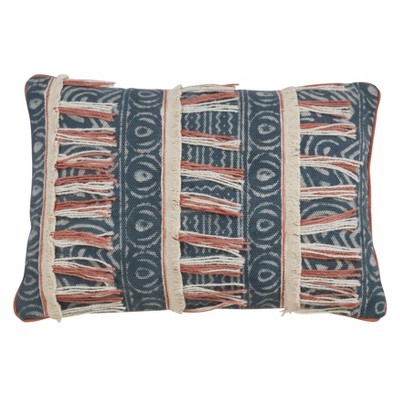 Saro Lifestyle Block Print Embroidered Pillow - Down Filled, 16"x24" Oblong, Blue