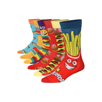 JAMES FIALLO Mens 6-Pair Savory Spectacle French Fries Burgers Hotdogs Patterned Crew Dress Socks