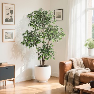 Garvee Artificial Ficus Tree,Tall Faux Floor Plant with White Tall Planter-Fake Plants for Home Indoor with 4 Natural Trunks & White-Edged Leaves - 1 of 4