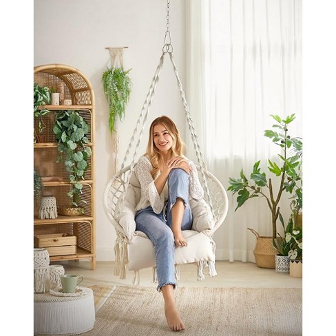 SONGMICS Hanging Chair Hammock Chair with Large Thick Cushion Boho Swing Chair Cloud White