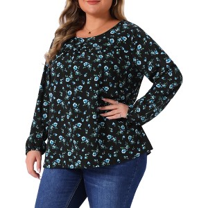 Agnes Orinda Women's Plus Size Ditsy Floral Elastic Cuff Crew Neck Peasant Blouses - 1 of 4