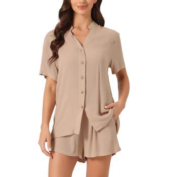 cheibear Women's Short Sleeve Button-Down Shirt and Shorts with Pocket V Neck Sleepwear 2 Piece Pajama Sets