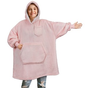 PAVILIA Wearable Blanket Sweatshirt Kids Boy Girl, Warm Cozy Giant Hoodie, Fleece Faux Shearling Oversized Sweater, Big Pocket - 1 of 4