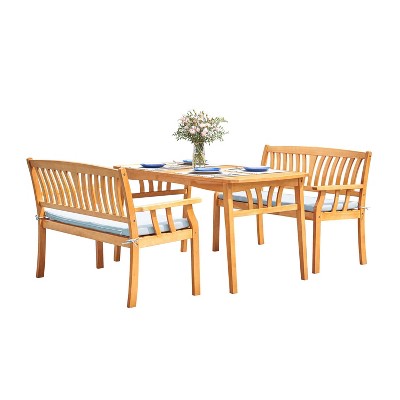 Kapalua 3pc Honey Nautical Wooden Patio Dining Set with 2 Benches - Vifah