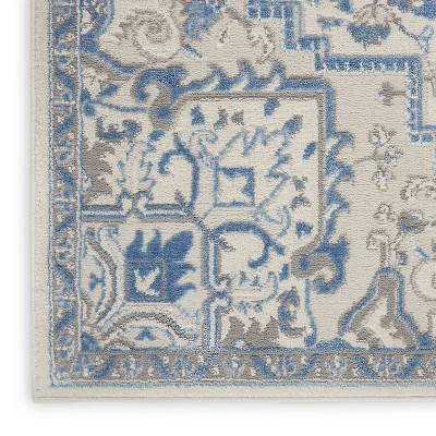 Ivory Blue Floral Medallion Handmade Area Rug 27"x4.7"