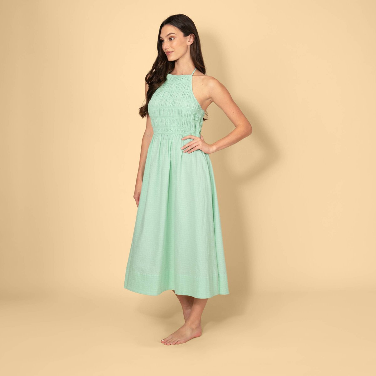 Женские платья Solid & Striped Women's Seersucker Smocked A-Line Dress - Mint Green Check XL — фото 2