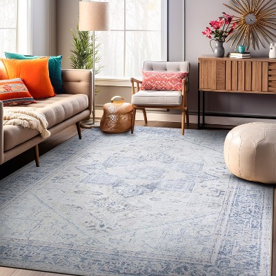 Blue Medallion Flat Woven Washable Synthetic Area Rug 5' x 7'