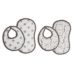 Bacati - Football Brown/Gray Muslin 4 pc set of Bibs & Burp Cloths Set - 1 of 4