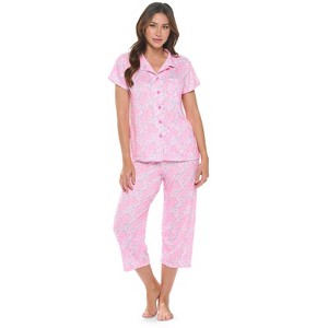 Casual Nights Women's Rayon Printed Short Sleeve Capri Pajama Set - 1 of 4