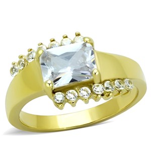 Slickblue Oblong IP Gold Stainless Steel Ring with Square-Cut Clear CZ and Pave Halo, 8.6mm Center, Women’s size 5-10 - 1 of 4
