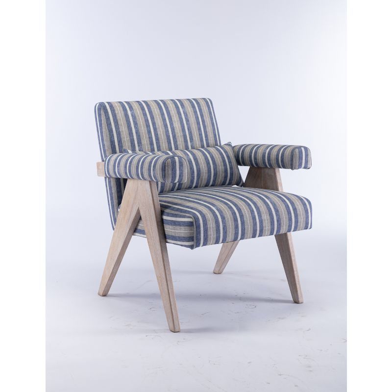 Megan 27.56" Wide Striped Upholstered Seat and Lumbar Pillow With Oak "V" Shape Solid Wood Legs Accent Chair With Arm Pads-The Pop Home, 4 of 10