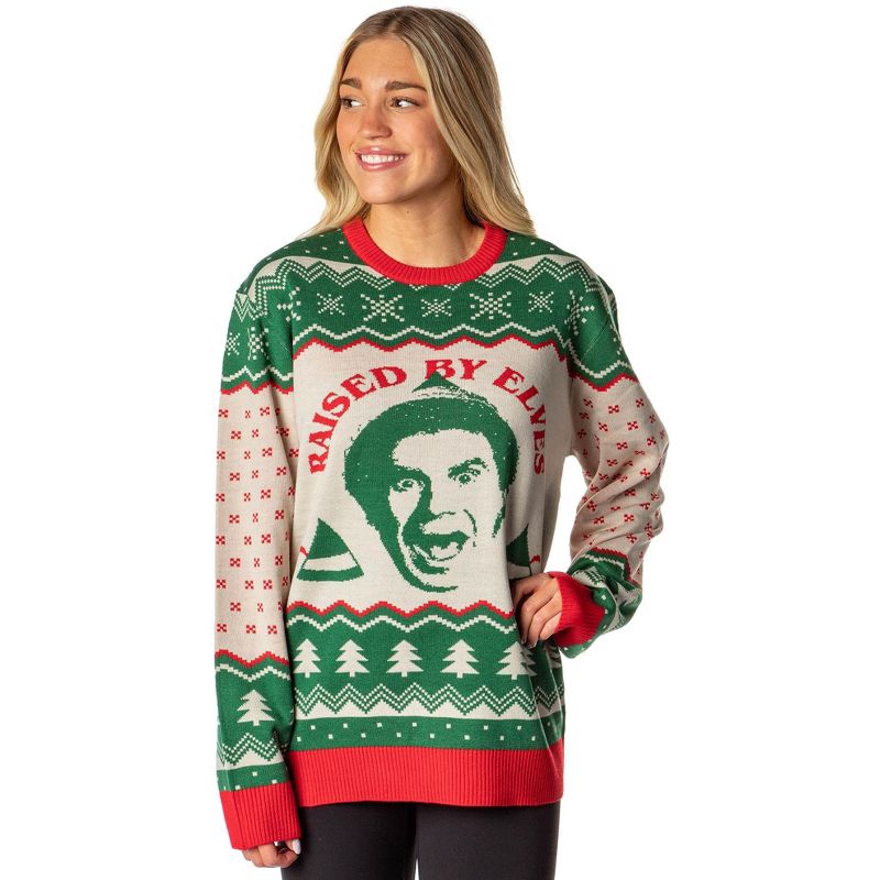 ELF The Movie Men's Raised By Elves Ugly Christmas Sweater Knit Pullover, 4 of 7