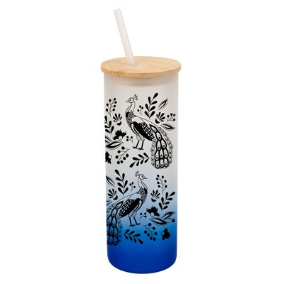 Elanze Designs Peacock Bird Flower Garden Wrap-Around Design 25 Ounce Frosted Gradient Glass On-The-Go Coffee Travel Skinny Tumbler Mug Cup, Bamboo