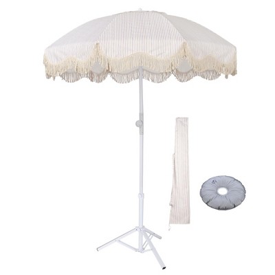 LAGarden Fringe Patio Umbrella with Base Included Tripod Stand Tilt Outdoor Beach for Sand Shadewith Bag