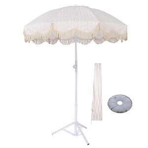 LAGarden Fringe Patio Umbrella with Base Included Tripod Stand Tilt Outdoor Beach for Sand Shadewith Bag - 1 of 4