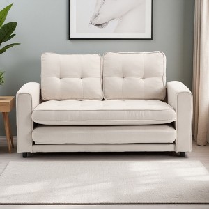 3-Seater Velvet Linen Convertible Sofa with Pull-Out Bed & Side Storage - 1 of 4